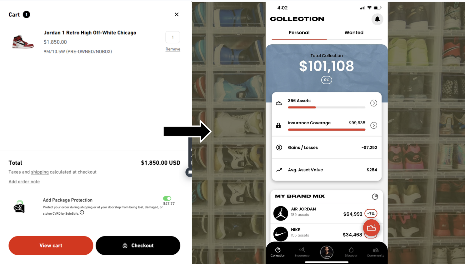 Mobile app interface showing SoleSafe collection tracking and insurance features with sneaker purchases